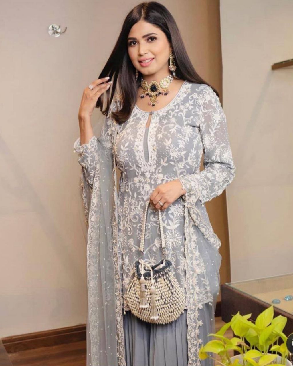 Beautiful Grey Pure Georgette Embroidery Work Sharara Suit