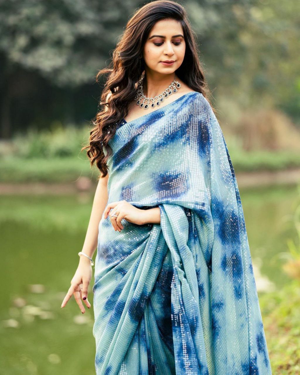 Blue Vichitra Silk Sequence Embroidery Work Saree With Blouse (LQST242)