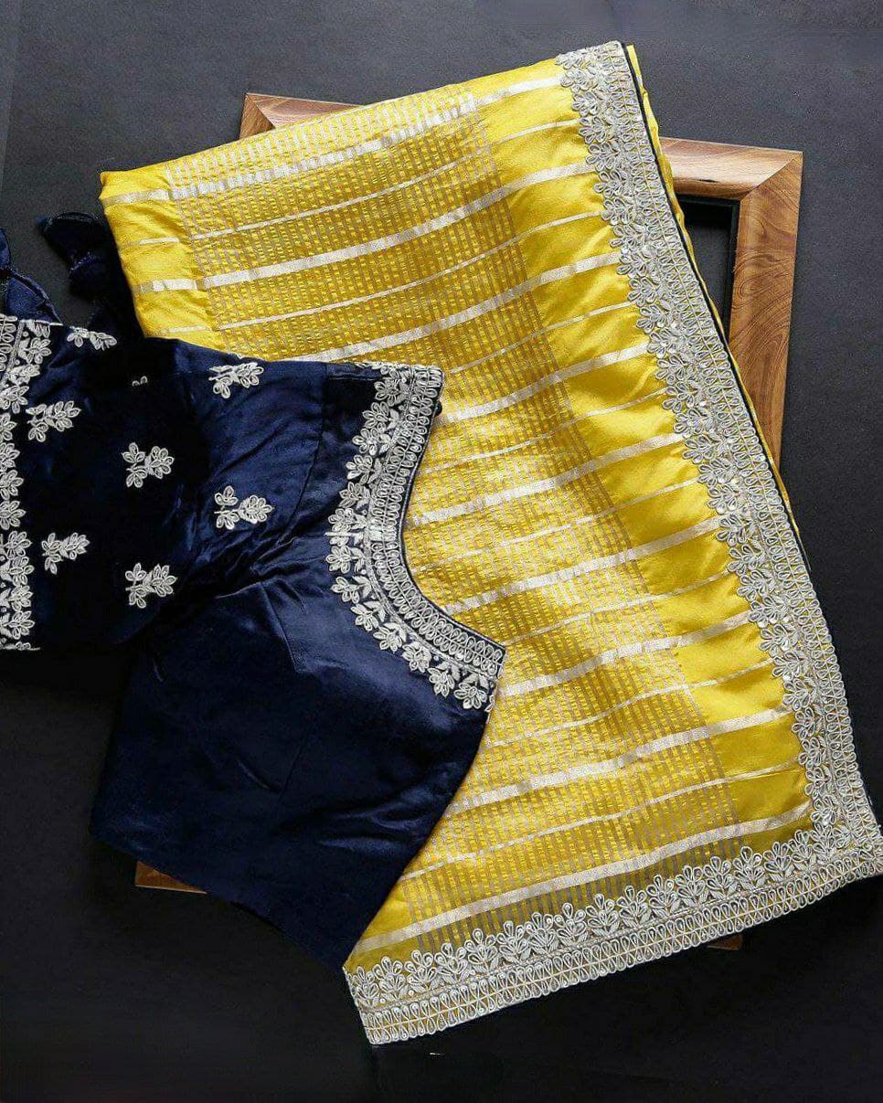 Yellow Vichitra Silk Digital Print Sequence Embroidery Work Saree With Blouse (LQST247)