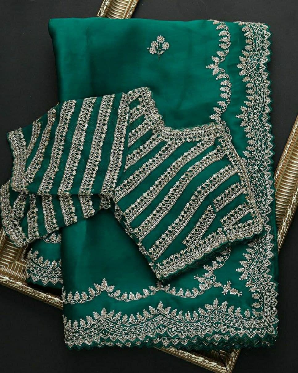Green Organza Silk Sequence Work Saree With Blouse (LQTF64 Green)