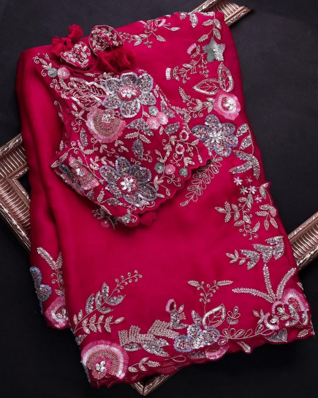 Rani Pink Organza Silk Thread Work Saree With Blouse (LQTF71)