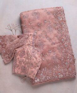 Beautiful Peach Organza Silk Embroidery Work Saree With Blouse