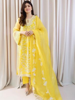 Casual Yellow Georgette Thread & Embroidery Work Pant Suit With Dupatta