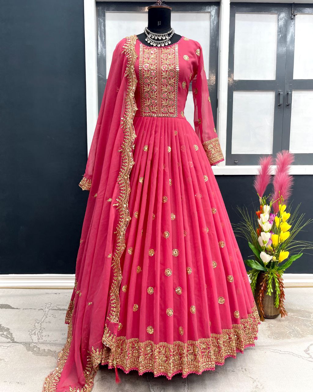 Alluring Gajri Pink Heavy Georgette Embroidery Work Gown With Dupatta (LQAD040GAJRIPINK)