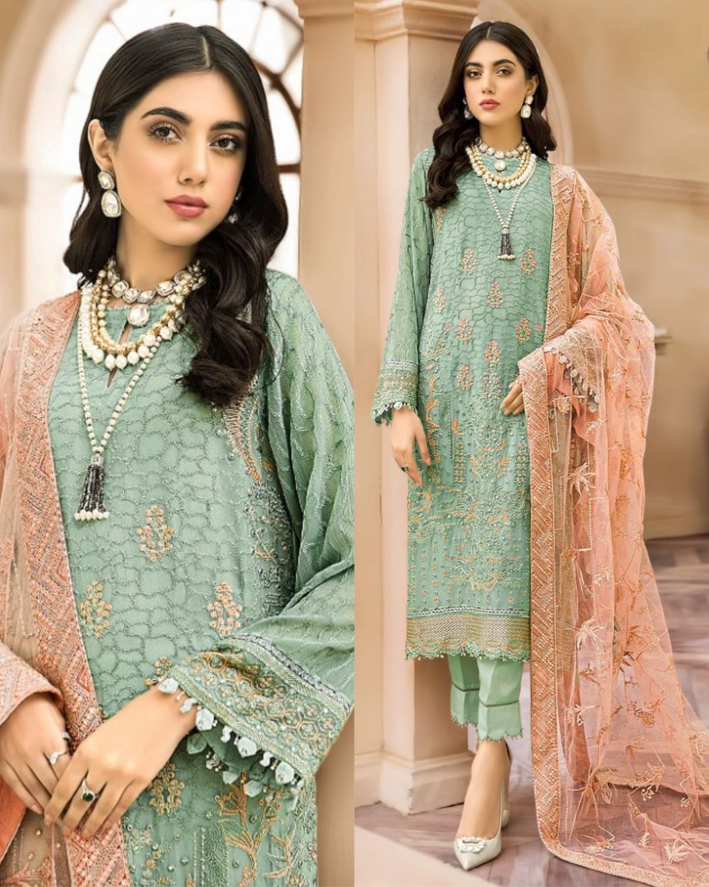 Exclusive Aqua Pure Georgette Embroidery Work Pakistani Suit With Peach Dupatta (LQAF1090)