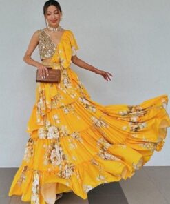 Alluring Yellow Floral Printed Party Wear Lehenga Saree With Blouse