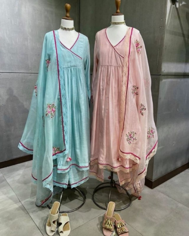Casual Sky & Pink Cotton Silk Lace Work Anarkali Suit With Dupatta (LQDC2023)