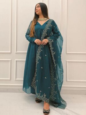 Casual Morpich Pure Georgette Embroidery Work Work Anarkali Suit With Dupatta