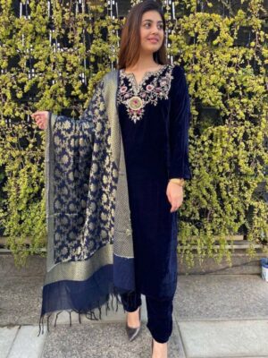 Exclusive Blue & Wine Micro Velvet Embroidery Work Pakistani Salwar Suit With Dupatta
