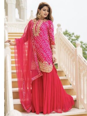 Beautiful Rose Red Bandhani Print Sharara Suit With Dupatta