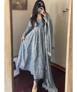 Ravishing Grey Pure Georgette Embroidery Work Anarkali Suit With Dupatta