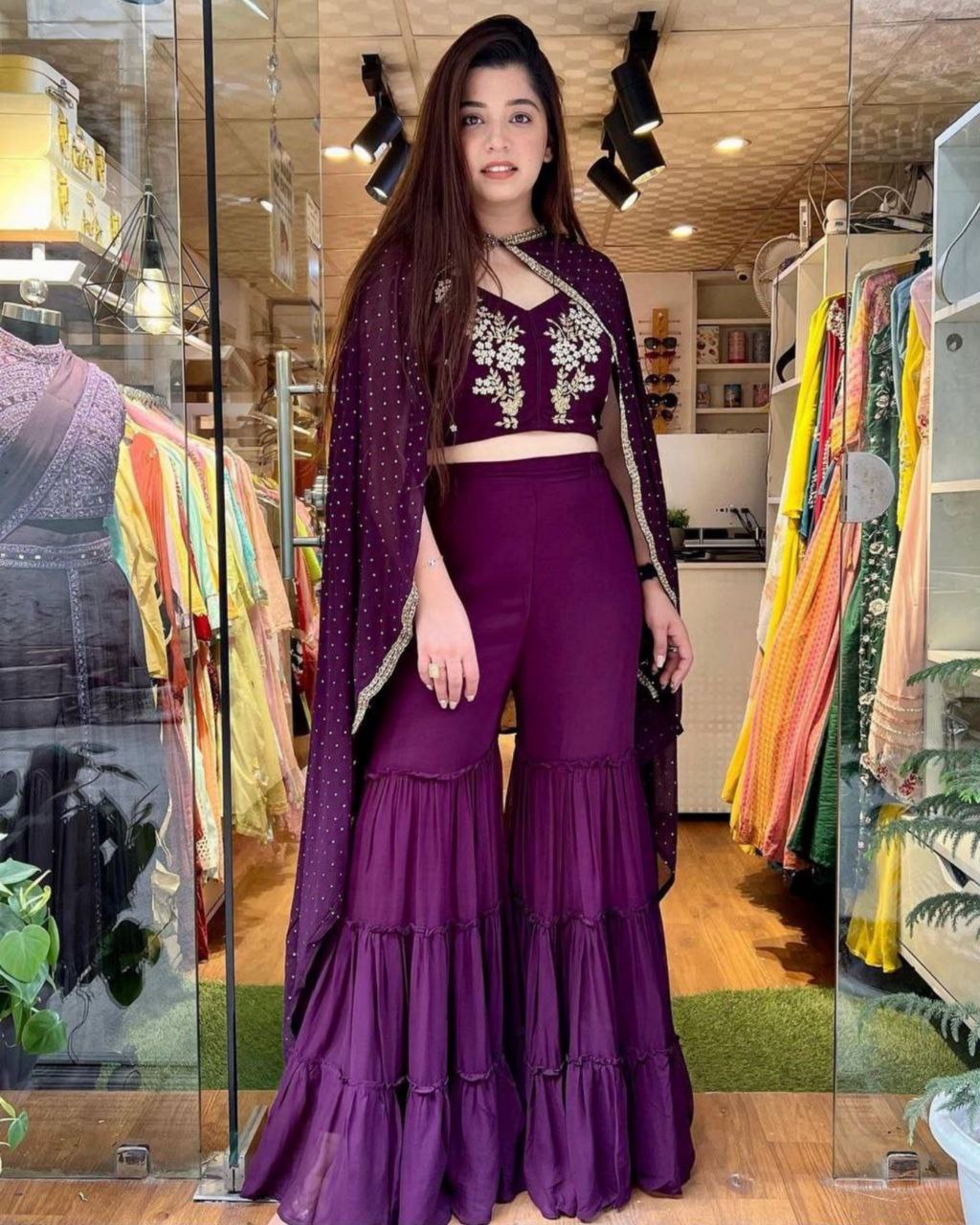 Exclusive Wine Pure Georgette Embroidery Work Sharara Suit With Crop Top & Dupatta (LQFD7823)
