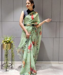 Pista Green Georgette Silk Digital Printed Saree With Blouse