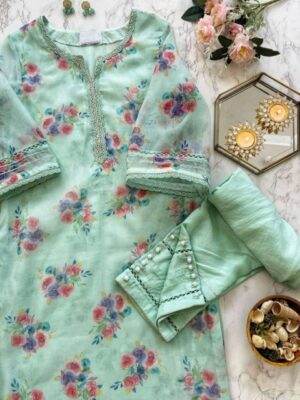 Casual Mint Blue Floral Organza Pant Suit With Dupatta