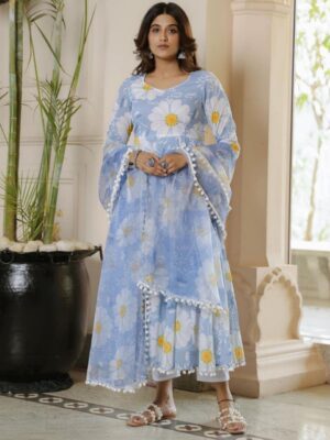 Casual Sky Blue Floral Anarkali Suit With Dupatta