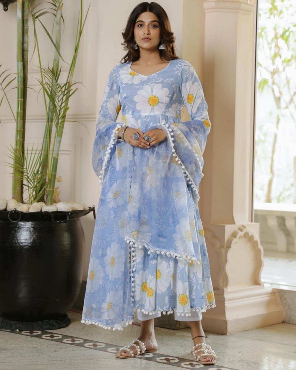 Casual Sky Blue Floral Anarkali Suit With Dupatta (LQHK1471)