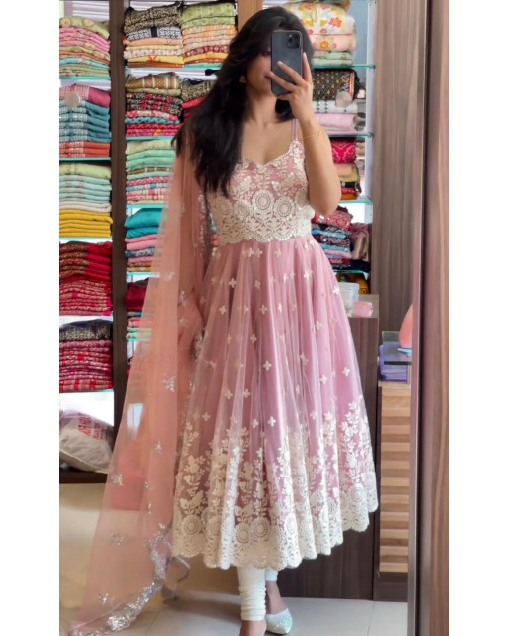 Beautiful Baby Pink Georgette White Embroidery Work Anarkali Suit With Net Dupatta (LQHK1472)