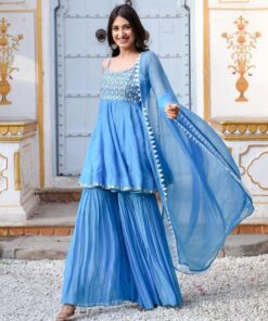 Exclusive Sky Pure Georgette Embroidery Work Sharara Suit With Dupatta