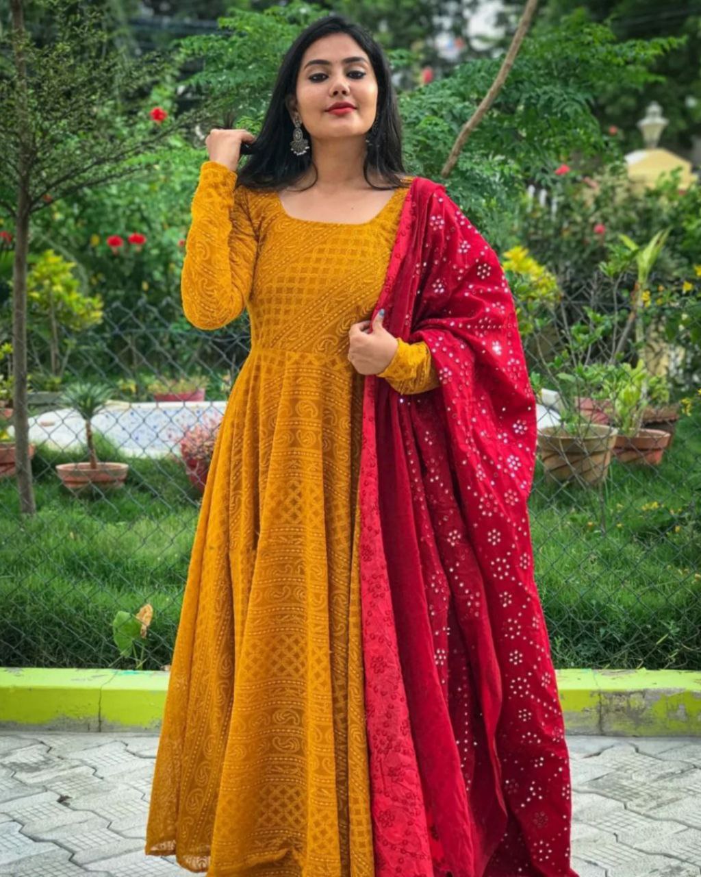 Exclusive Pure Georgette Honey Yellow Gown With Red Dupatta (LQKD1174)
