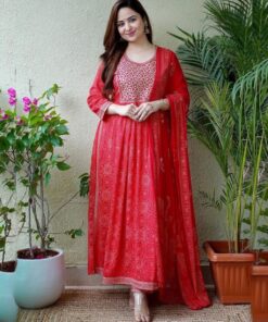 Diwali Special Red Bandhani Style Printed Anarkali Gown With Dupatta