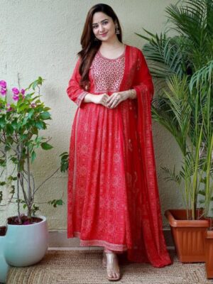 Diwali Special Red Bandhani Style Printed Anarkali Gown With Dupatta