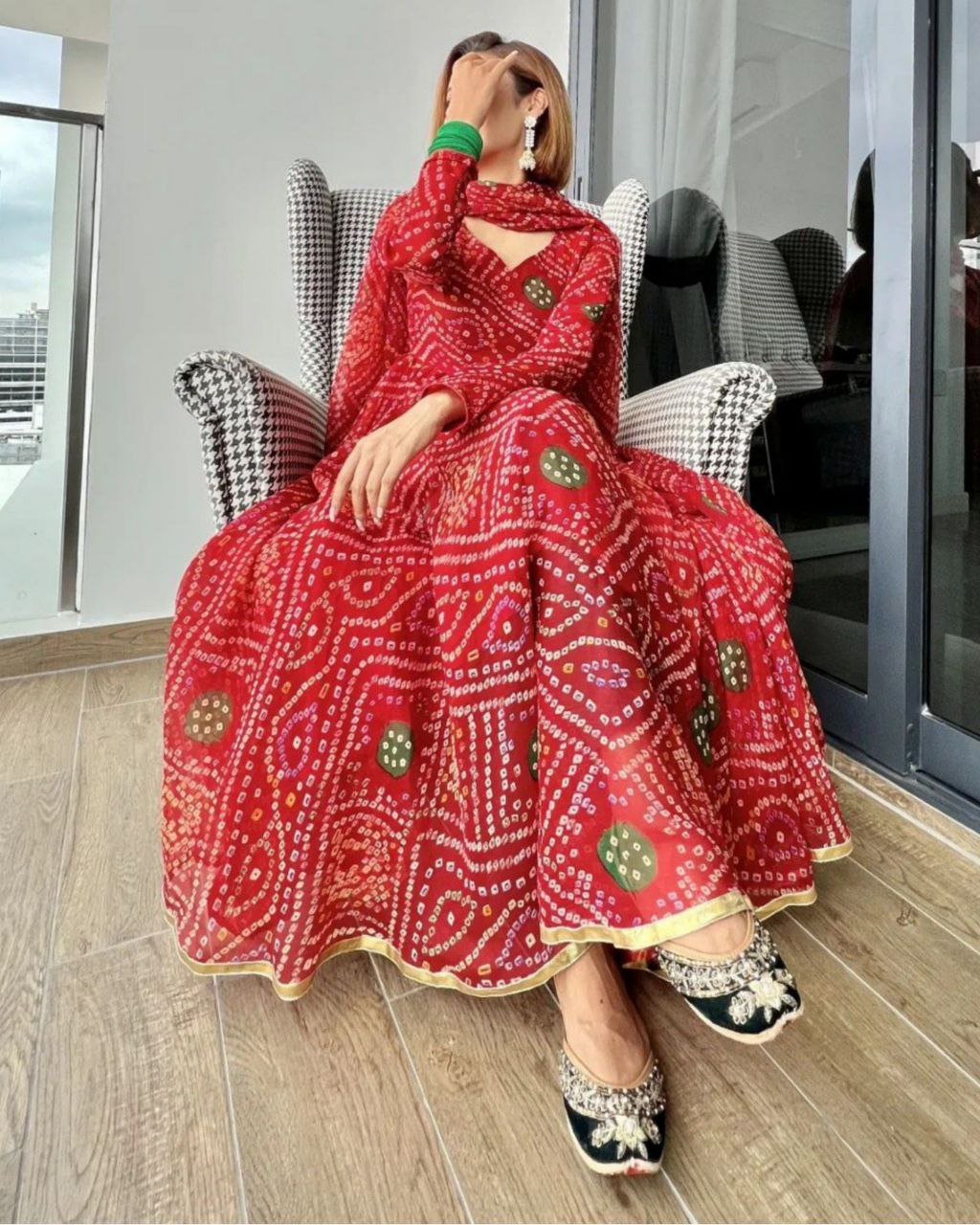 Red Bandhej Print Georgette Salwar Suit - Absolutely Desi