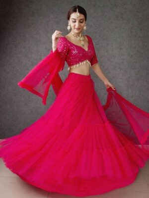 Exclusive Dark Pink Georgette Embroidery Lehenga Choli With Dupatta