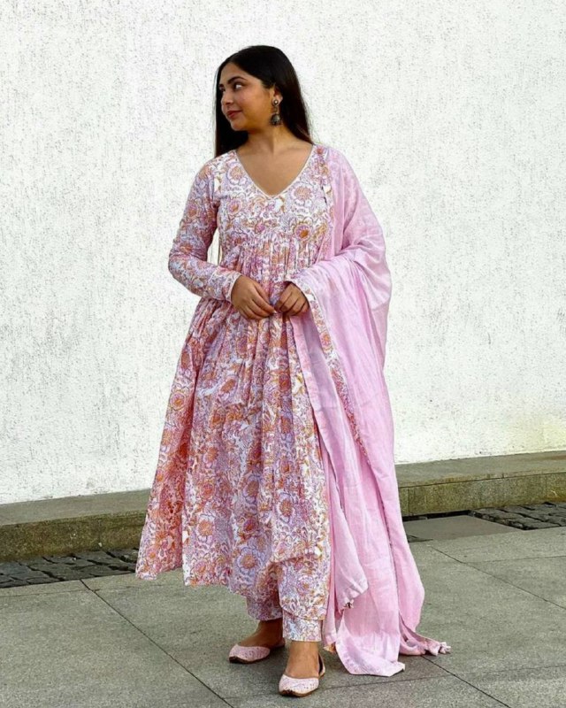 Casual Pink Hand Block Printed Cotton Anarkali Suit with Organza Dupatta (LQMF151)