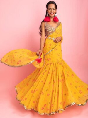 Exclusive Yellow Georgette Floral Printed Drape Lehenga Saree With Blouse