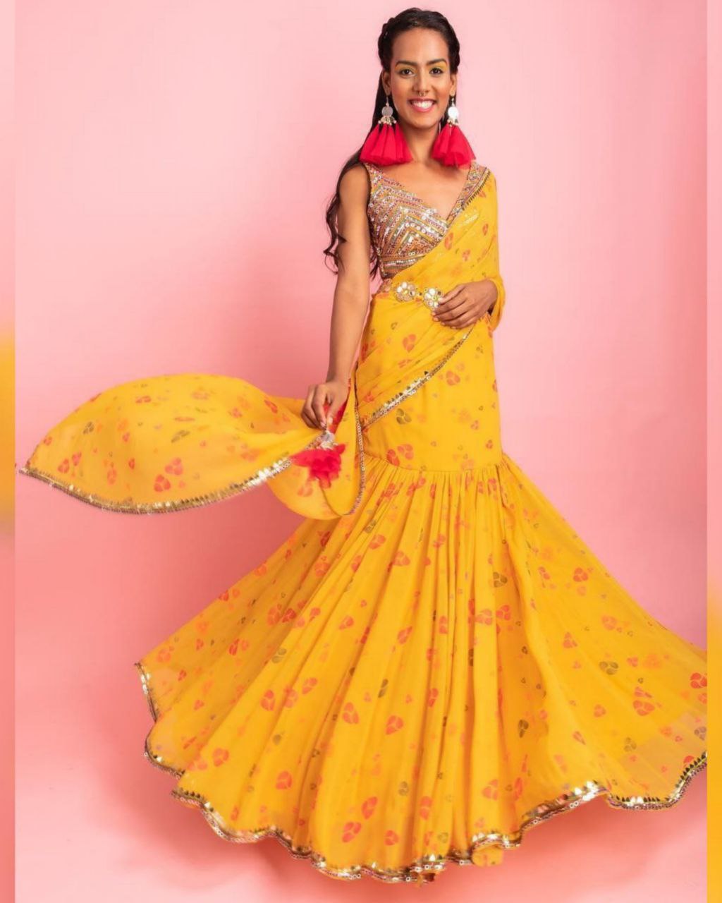 Exclusive Yellow Georgette Floral Printed Drape Lehenga Saree With Blouse (LQNC5177)