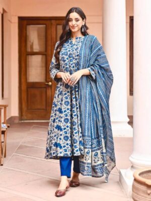 Casual Blue Bagru Hand Block Printed Cotton Anarkali Suit with Chiffon Dupatta