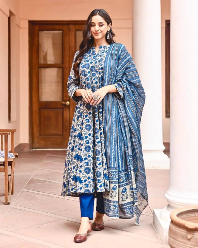 Casual Blue Bagru Hand Block Printed Cotton Anarkali Suit with Chiffon Dupatta (LQNF1029)