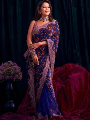 Blue Pure Georgette Digital Print Embroidery, Real Mirror Hand Work Saree With Blouse