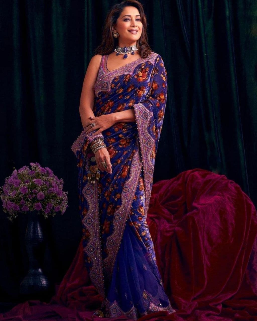 Blue Pure Georgette Digital Print Embroidery, Real Mirror Hand Work Saree With Blouse (LQNSR595)