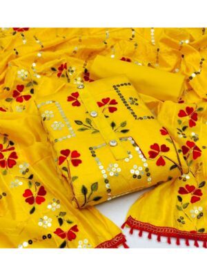 Casual Yellow Sequence Work Chanderi Salwar Suit With Dupatta