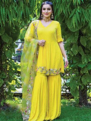 Yellow Georgette Embroidery & Moti Work Sharara Suit With Dupatta