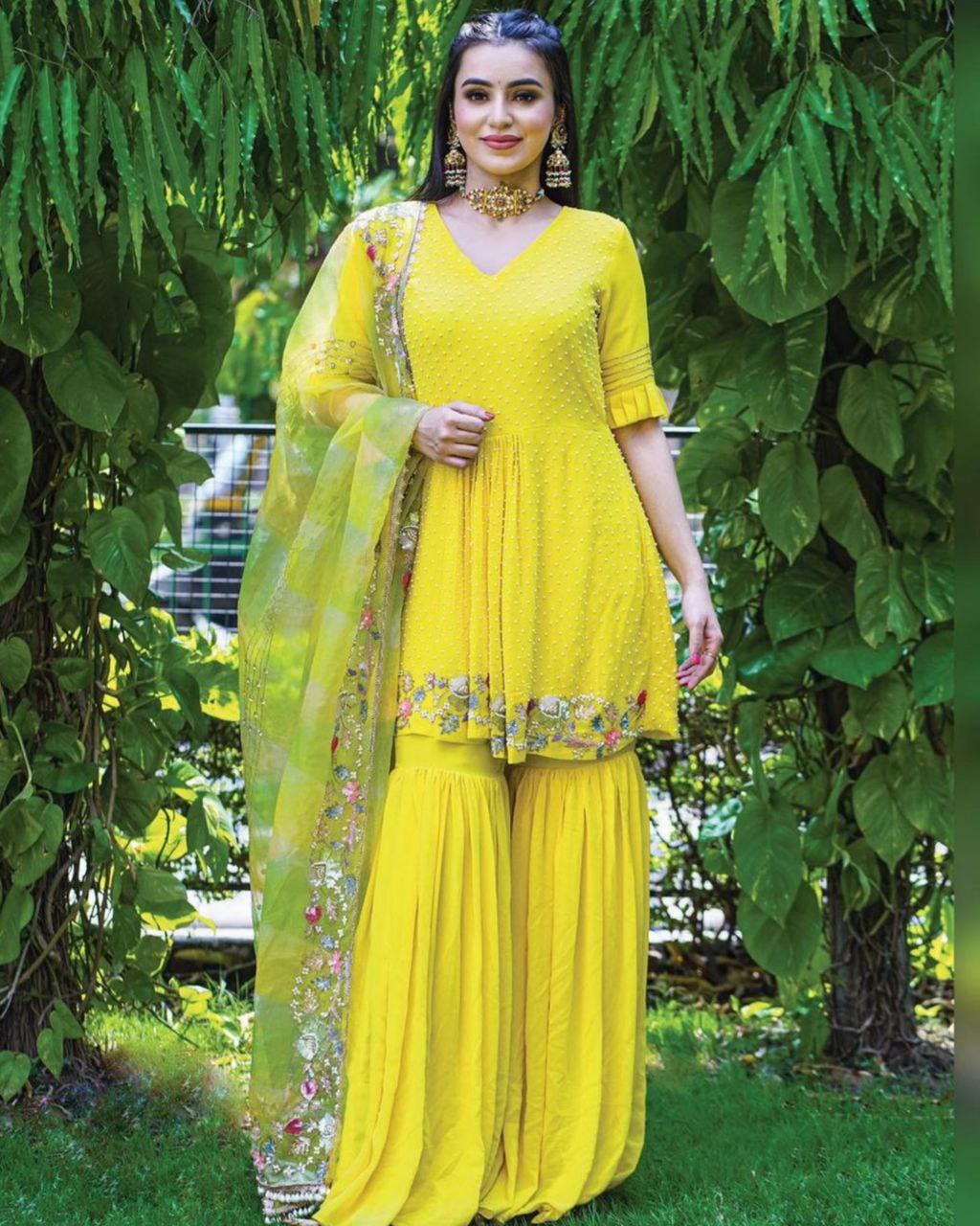 Yellow Georgette Embroidery & Moti Work Sharara Suit With Dupatta (LQRTC5384)