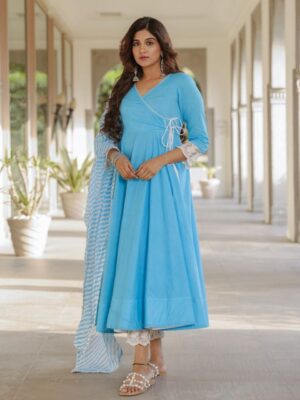 Designer Sky Blue Maslin Cotton Kedia Style Anarkali Suit With Dupatta