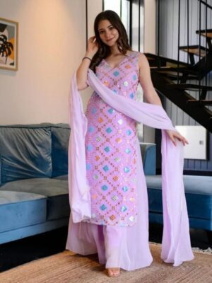 Baby Pink Georgette Heavy Multi Thread Embroidery Work Palazo Suit With Dupatta
