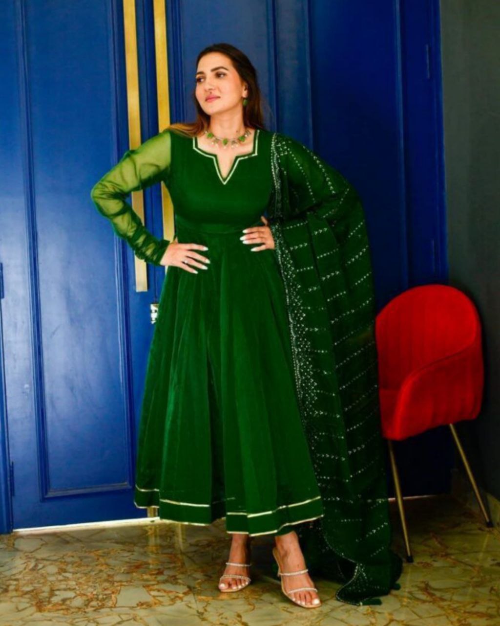 Ravishing Green Organza Lace Work Anarkali Suit With Dupatta (LQRTC5477)