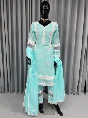 Casual Sea Green Pure Georgette Embroidery Work Pant Suit With Dupatta