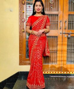 Exclusive Red Vichitra Silk Embroidery Work Saree With Blouse