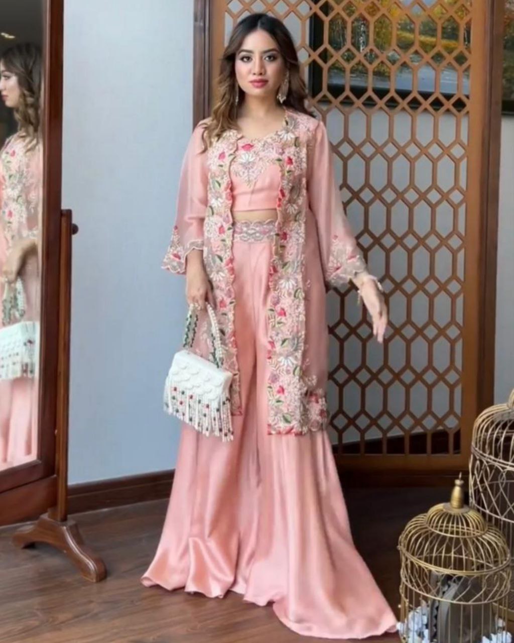 Designer Baby Pink Satin Silk Embroidery Plazo Suit With Fancy Shrug (LQSR1447)