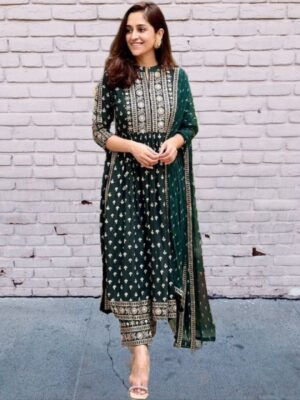 Exclusive Embroidered Gold Foil Print Designer Pant Suit With Dupatta