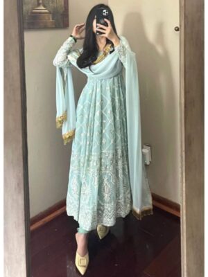 Gorgeous Light Blue Pure Georgette Sequence Work Anarkali Gown With Dupatta