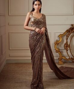 Brown Metallic Sequence Embroidery Dual-Toned Georgette Saree With Blouse