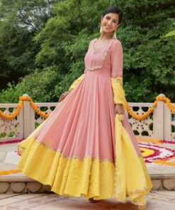 Peach & Yellow Georgette Silk Lace Work Anarkali Suit With Soft Pink Scallop Organza Dupatta