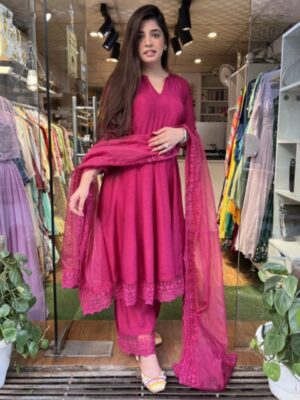 Classy Pink Pure Cotton Lace Work Pant Suit With Organza Dupatta