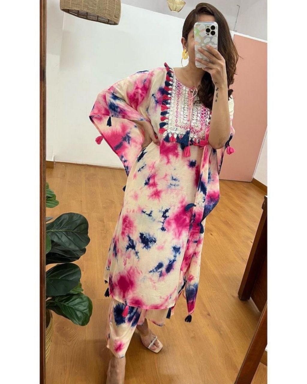 Exclusive Pink & Blue Soft Cotton Tie Diy With Latkans Kaftan Top With Pant (#8071)