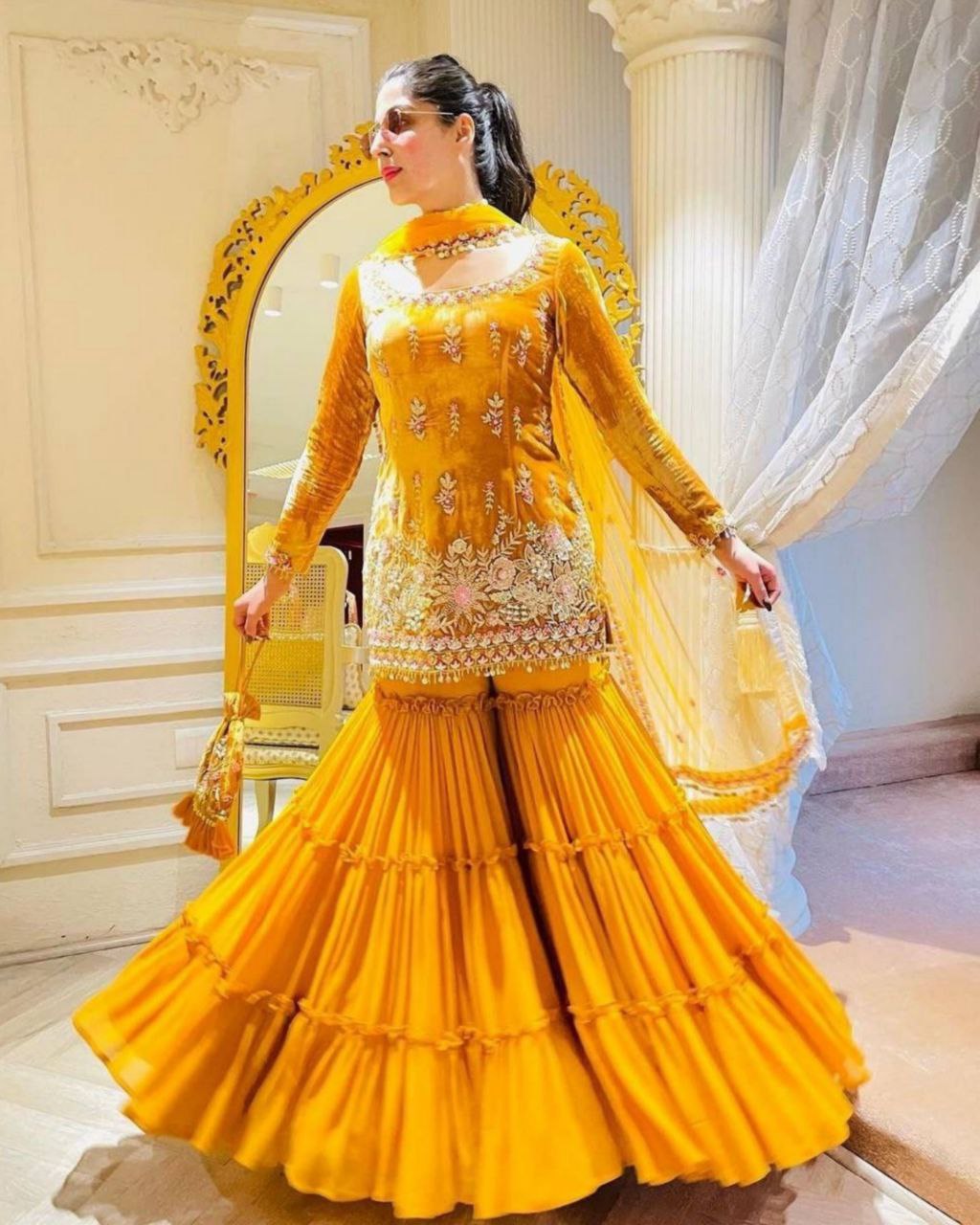 Yellow Micro Velvet Embroidery Work Sharara Suit With Dupatta